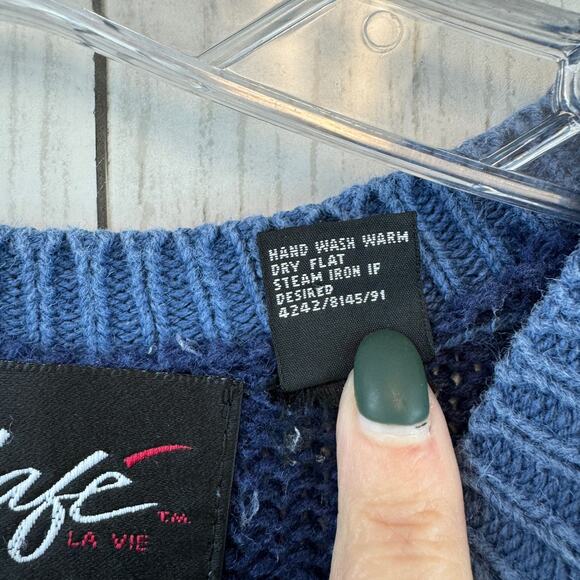 VTG Cafe Blue/White Southwest Aztec Striped Knit Crewneck Sweater Size Medium - Picture 5 of 12